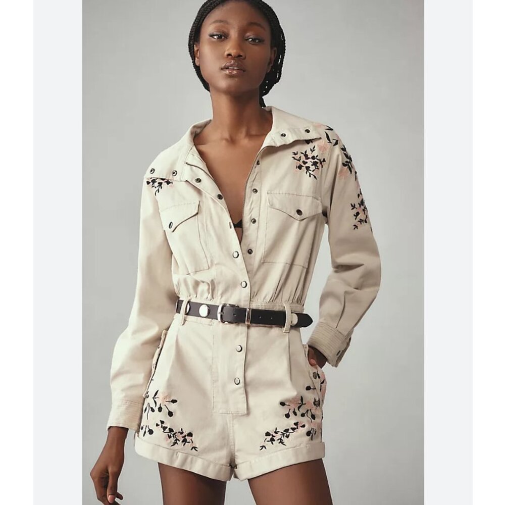 Anthropologie Cream Embroidered Utility Romper